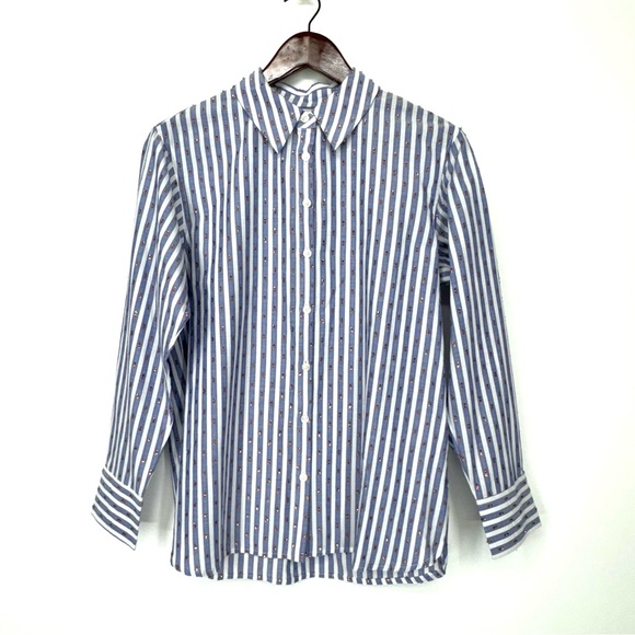 Boden Copper Metallic Clip Blue & White Pinstripe Button Up Shirt Nwt Size 4P - Picture 2 of 15
